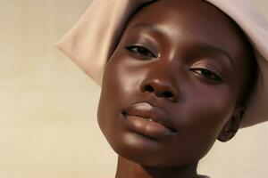 retrato de un hermosa africano americano mujer con oscuro piel y natural maquillaje ai generado foto