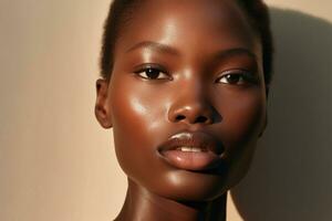 Portrait of a Beautiful african american woman with dark skin and natural make-up AI generated photo