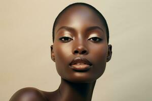 Portrait of a Beautiful african american woman with dark skin and natural make-up AI generated photo