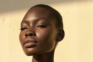 Portrait of a Beautiful african american woman with dark skin and natural make-up AI generated photo