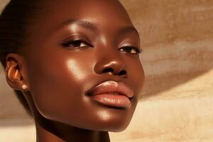 Portrait of a Beautiful african american woman with dark skin and natural make-up AI generated photo