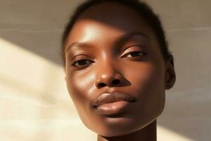 Portrait of a Beautiful african american woman with dark skin and natural make-up AI generated photo