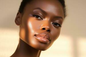 Portrait of a Beautiful african american woman with dark skin and natural make-up AI generated photo