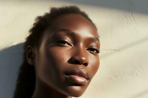 retrato de un hermosa africano americano mujer con oscuro piel y natural maquillaje ai generado foto