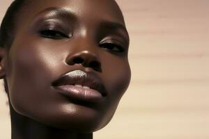 Portrait of a Beautiful african american woman with dark skin and natural make-up AI generated photo