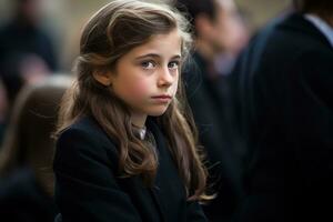 retrato de un triste pequeño niña en el antecedentes de el multitud.funeral concepto ai generado foto