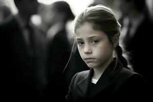 retrato de un triste pequeño niña en el antecedentes de el multitud.funeral concepto ai generado foto