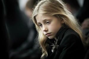 Portrait of a sad little girl on the background of the crowd.Funeral concept AI generated photo