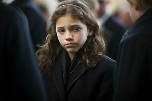 Portrait of a sad little girl on the background of the crowd.Funeral concept AI generated photo