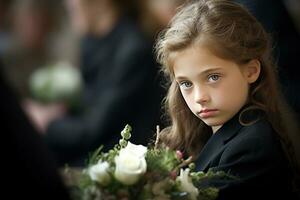 Portrait of a sad little girl on the background of the crowd.Funeral concept AI generated photo