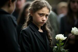 Portrait of a sad little girl on the background of the crowd.Funeral concept AI generated photo