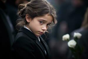 Portrait of a sad little girl on the background of the crowd.Funeral concept AI generated photo