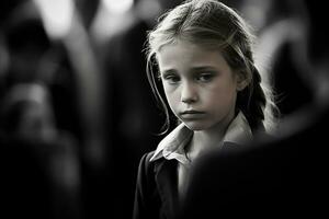 Portrait of a sad little girl on the background of the crowd.Funeral concept AI generated photo