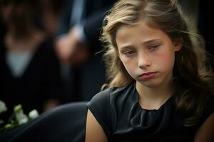 Portrait of a sad little girl on the background of the crowd.Funeral concept AI generated photo