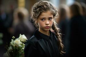 retrato de un triste pequeño niña en el antecedentes de el multitud.funeral concepto ai generado foto