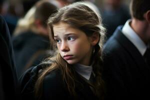 retrato de un triste pequeño niña en el antecedentes de el multitud.funeral concepto ai generado foto