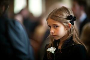 Portrait of a sad little girl on the background of the crowd.Funeral concept AI generated photo