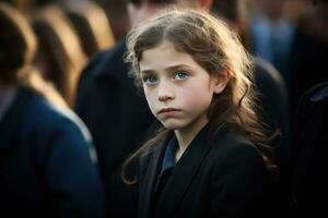 Portrait of a sad little girl on the background of the crowd.Funeral concept AI generated photo