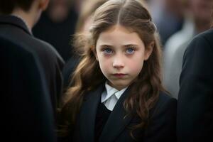 Portrait of a sad little girl on the background of the crowd.Funeral concept AI generated photo