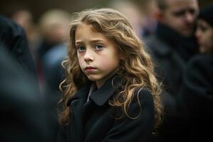 Portrait of a sad little girl on the background of the crowd.Funeral concept AI generated photo