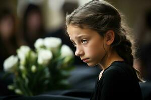 Portrait of a sad little girl on the background of the crowd.Funeral concept AI generated photo