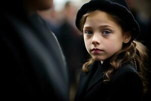 retrato de un triste pequeño niña en el antecedentes de el multitud.funeral concepto ai generado foto