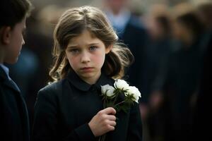 Portrait of a sad little girl on the background of the crowd.Funeral concept AI generated photo