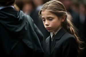 Portrait of a sad little girl on the background of the crowd.Funeral concept AI generated photo