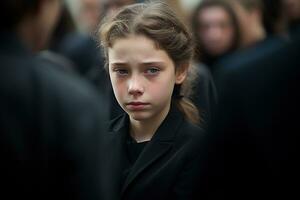 Portrait of a sad little girl on the background of the crowd.Funeral concept AI generated photo