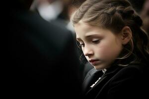 Portrait of a sad little girl on the background of the crowd.Funeral concept AI generated photo