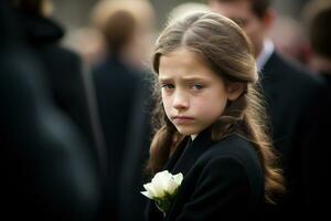 Portrait of a sad little girl on the background of the crowd.Funeral concept AI generated photo