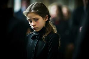 Portrait of a sad little girl on the background of the crowd.Funeral concept AI generated photo