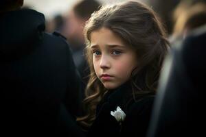 Portrait of a sad little girl on the background of the crowd.Funeral concept AI generated photo