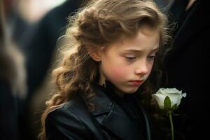 Portrait of a sad little girl on the background of the crowd.Funeral concept AI generated photo