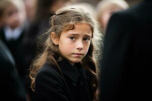 Portrait of a sad little girl on the background of the crowd.Funeral concept AI generated photo