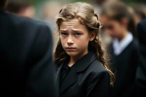 Portrait of a sad little girl on the background of the crowd.Funeral concept AI generated photo