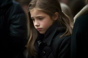 Portrait of a sad little girl on the background of the crowd.Funeral concept AI generated photo