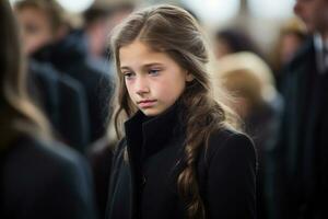 Portrait of a sad little girl on the background of the crowd.Funeral concept AI generated photo