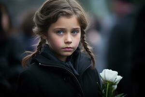 Portrait of a sad little girl on the background of the crowd.Funeral concept AI generated photo