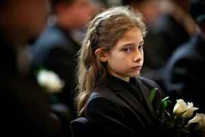 Portrait of a sad little girl on the background of the crowd.Funeral concept AI generated photo