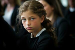 Portrait of a sad little girl on the background of the crowd.Funeral concept AI generated photo