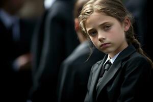 Portrait of a sad little girl on the background of the crowd.Funeral concept AI generated photo