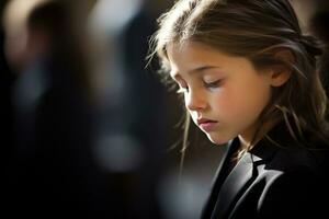 retrato de un triste pequeño niña en el antecedentes de el multitud.funeral concepto ai generado foto