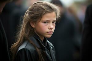 retrato de un triste pequeño niña en el antecedentes de el multitud.funeral concepto ai generado foto