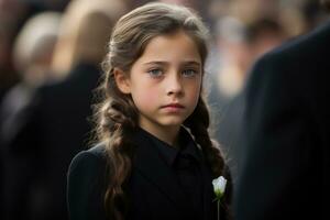 Portrait of a sad little girl on the background of the crowd.Funeral concept AI generated photo