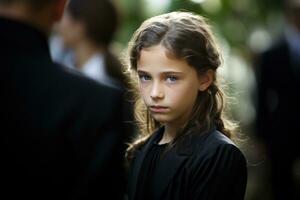 retrato de un triste pequeño niña en el antecedentes de el multitud.funeral concepto ai generado foto