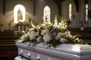 de cerca Disparo de un vistoso ataúd en un coche fúnebre o capilla antes de funeral o entierro a cementerio ai generado foto