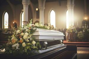 de cerca Disparo de un vistoso ataúd en un coche fúnebre o capilla antes de funeral o entierro a cementerio ai generado foto