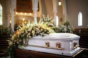 closeup shot of a colorful casket in a hearse or chapel before funeral or burial at cemetery AI generated photo