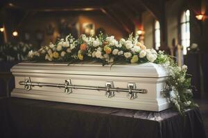 closeup shot of a colorful casket in a hearse or chapel before funeral or burial at cemetery AI generated photo